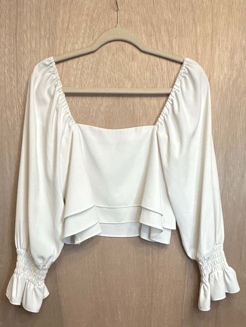 Amanda Uprichard White Kade Long Sleeve Square Neck Cropped Blouse